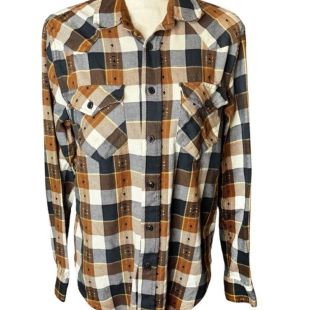 Frye Men's Brown and Black Plaid Button-Down Shirt